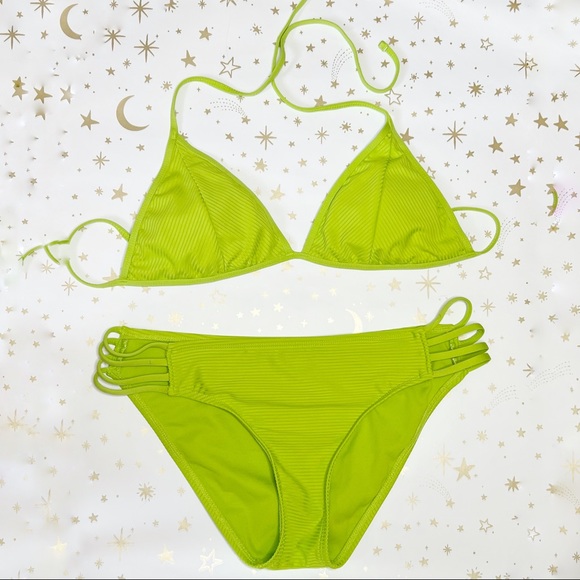 Neon Green Ribbed Bikini Swimsuit Set - Picture 1 of 9